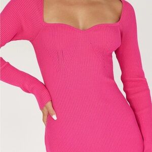 Endless Rose Ribbed Sweetheart Neck Long Sleeve Dress - Hot Pink